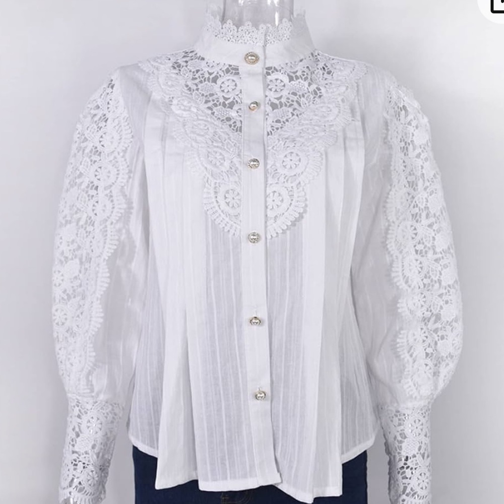 SALE NWT Top Petal Sleeve Stand Collar Hollow Out Flower Lace Patchwork Shirt 8